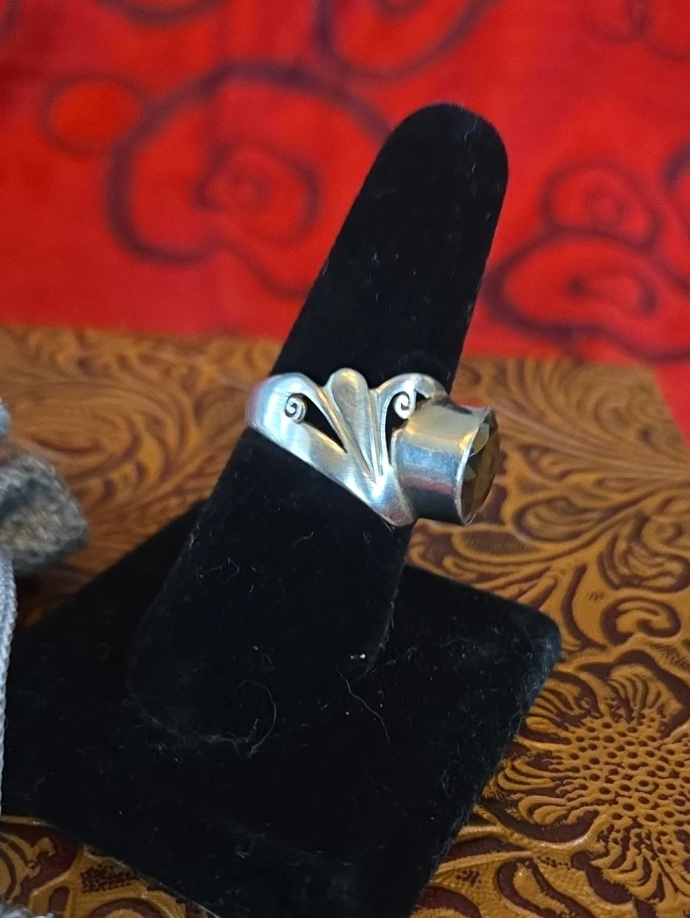 Modernist, Midcentury Sterling, Smoky Quartz, sculptural Cocktail Ring & Pouch